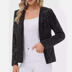 New KANCY KOLE Women's Sequin Jacket Long Sleeve Button Down Shrug Black, Size S